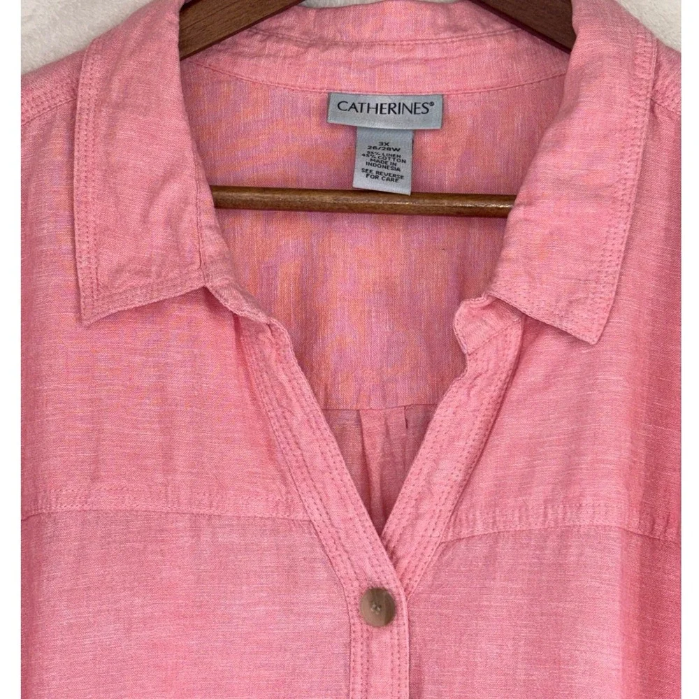 CATHERINES Linen Button Down Shirt Pink Long Sleeve Womens Pink‎ Cotton 3/4 3X